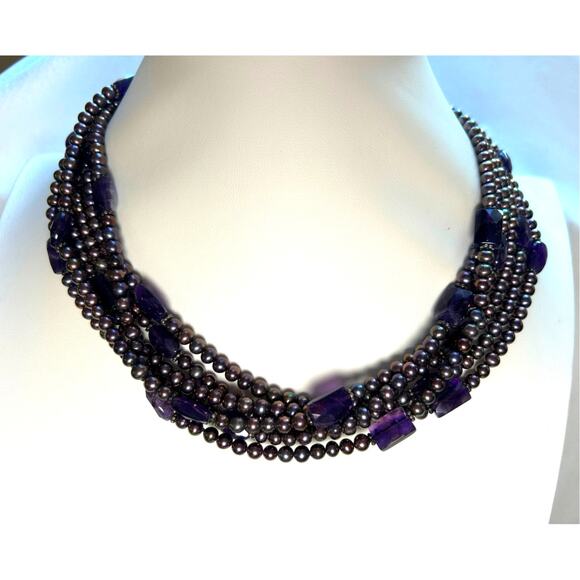 Lucas Lameth 925 Multistrand Purple Freshwater Pearl Amethyst Necklace 114 grams - Picture 3 of 10